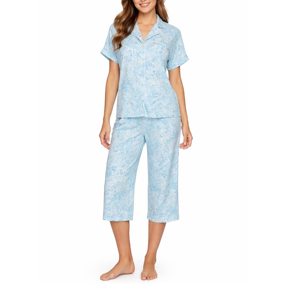 Lauren Ralph Lauren Blue Paisley Pajama Set XL Cotton Short Sleeve Capri PJs